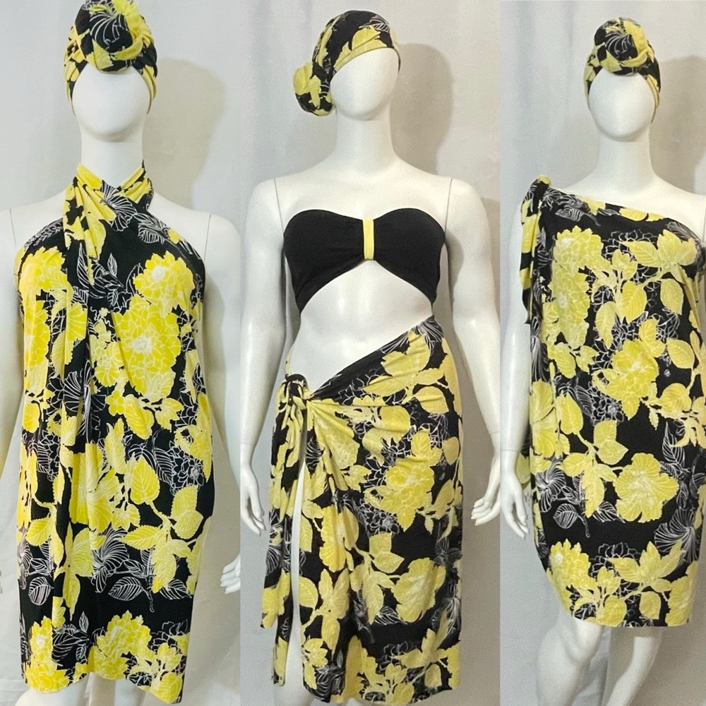 Floral Black and Yellow Women's 4-pc. Sarong Cover-Up